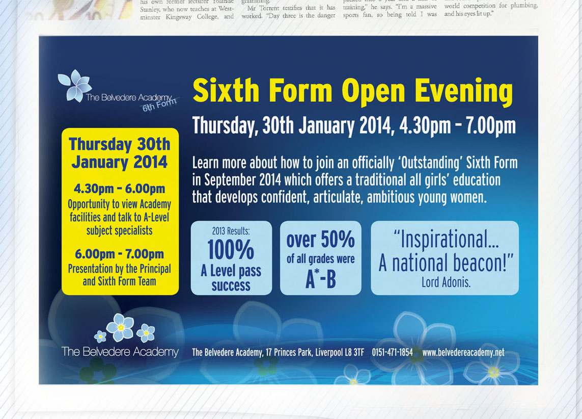 Sixth Form Open Evening advert design for The Belvedere Academy